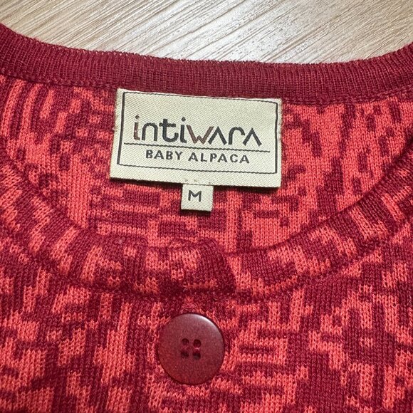 Intiwara Baby Alpaca cardigan sweater M medium red print crew neck Bolivia S - Picture 3 of 7